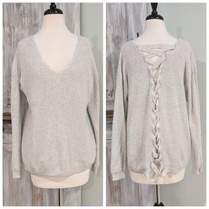 Fate By LFD Gray V-Neck Sweater with Lace-Up Back